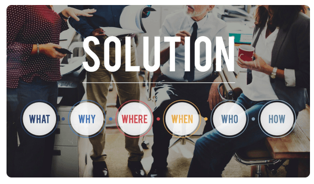 Word 'Solution' overlaid on a photo of colleagues in an office