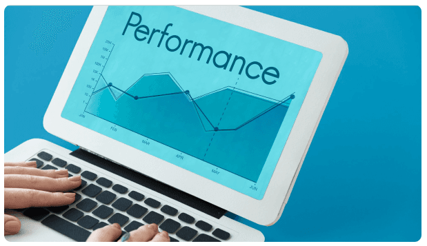 Tablet displaying the word Performance above a line chart