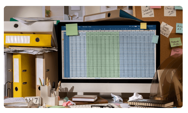 Computer monitor displaying a spreadsheet on a cluttered office desk with binders and sticky notes