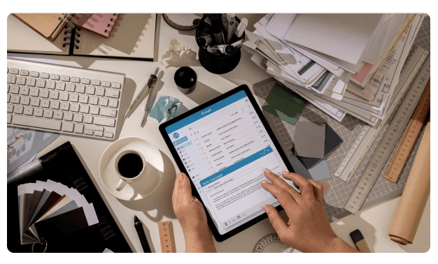 Hands holding a tablet displaying an email inbox surrounded by fabric swatches and a keyboard