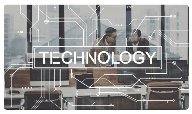 Two colleagues talking in an office overlaid with a 'Technology' circuit graphic