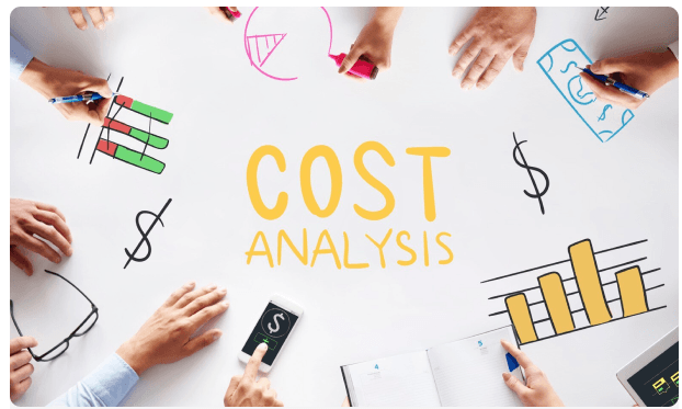 Cost analysis sketch surrounded by hands