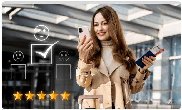 Traveler checking her phone with a satisfaction rating overlay