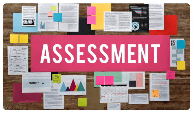 The word 'Assessment' displayed among scattered notes, sticky papers, and charts