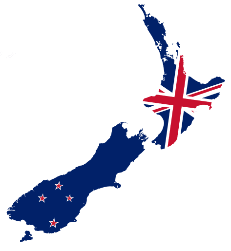 Map of New Zealand in the colors of the New Zealand flag