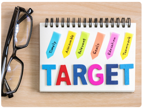 Notepad spelling TARGET next to a pair of glasses